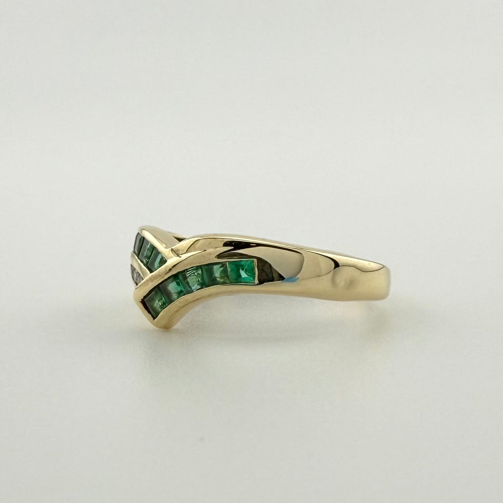 9ct Yellow Gold Emerald & Diamond Wishbone Ring - Size N