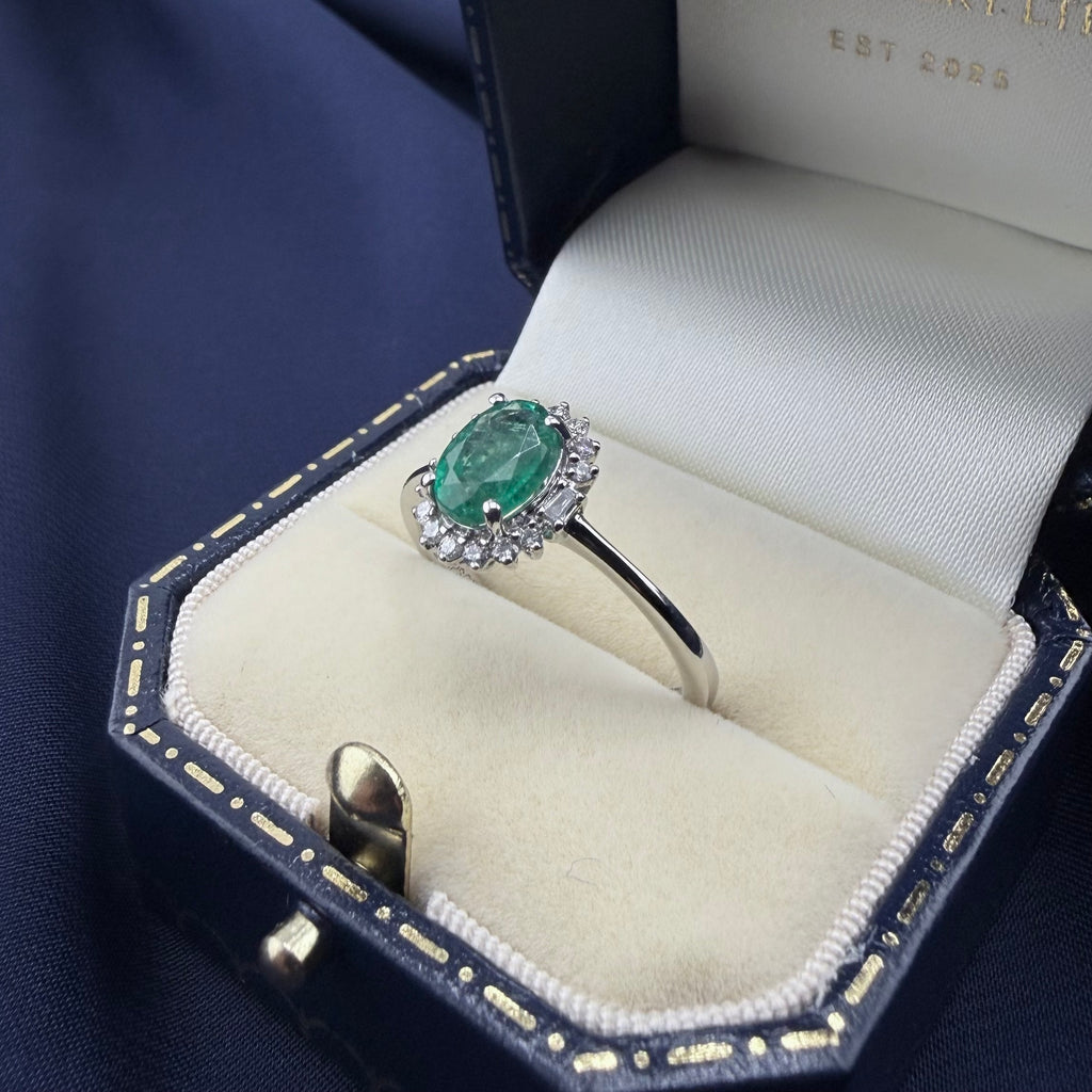 Platinum Zambian Emerald & Diamond Halo Ring, Rhapsody