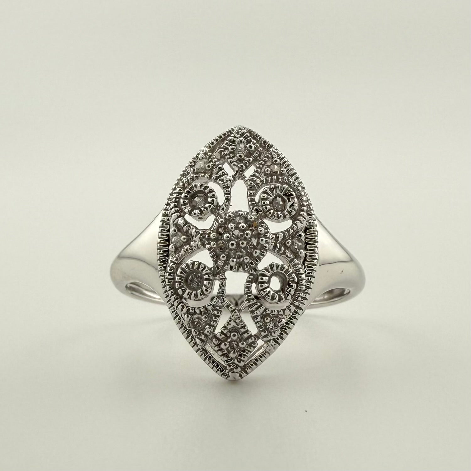 9ct White Gold Diamond Filigree Navette Ring - Size P 1/2