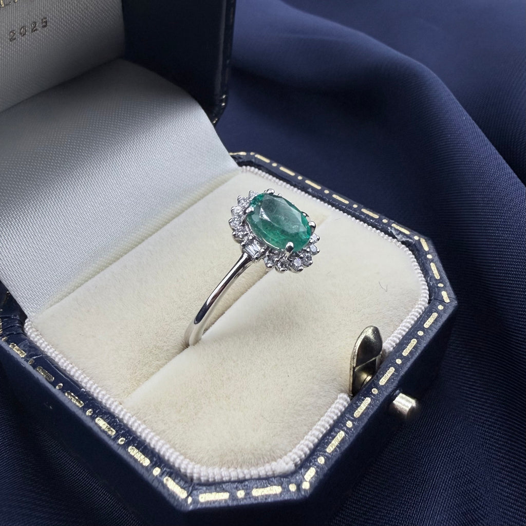 Platinum Zambian Emerald & Diamond Halo Ring, Rhapsody
