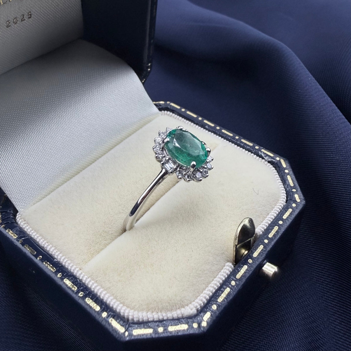 Platinum Zambian Emerald & Diamond Halo Ring, Rhapsody