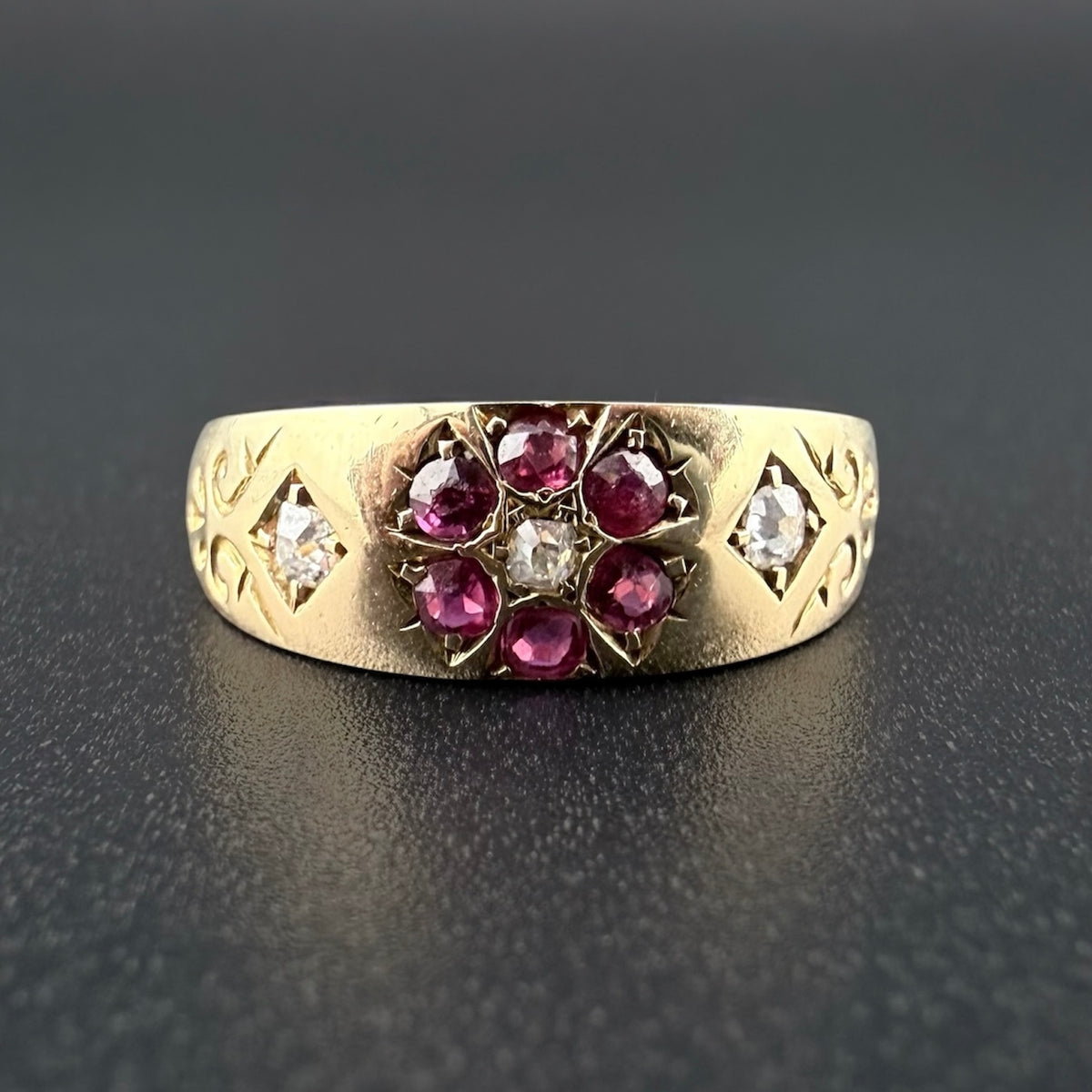 Antique Victorian 18ct Yellow Gold Ruby & Diamond Gypsy Ring – c.1895