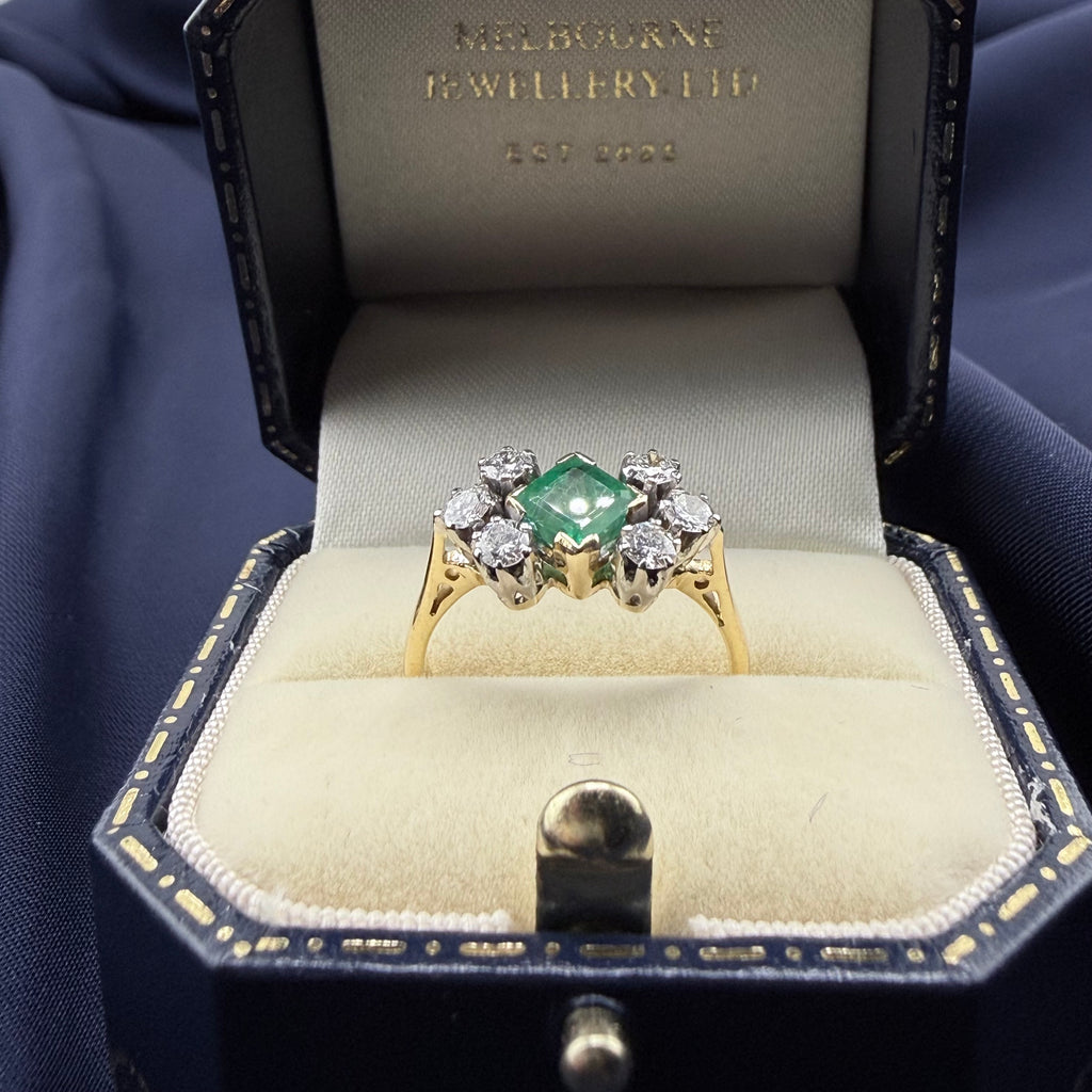 Vintage 18ct Gold Emerald & Diamond Cluster Ring, London 1967