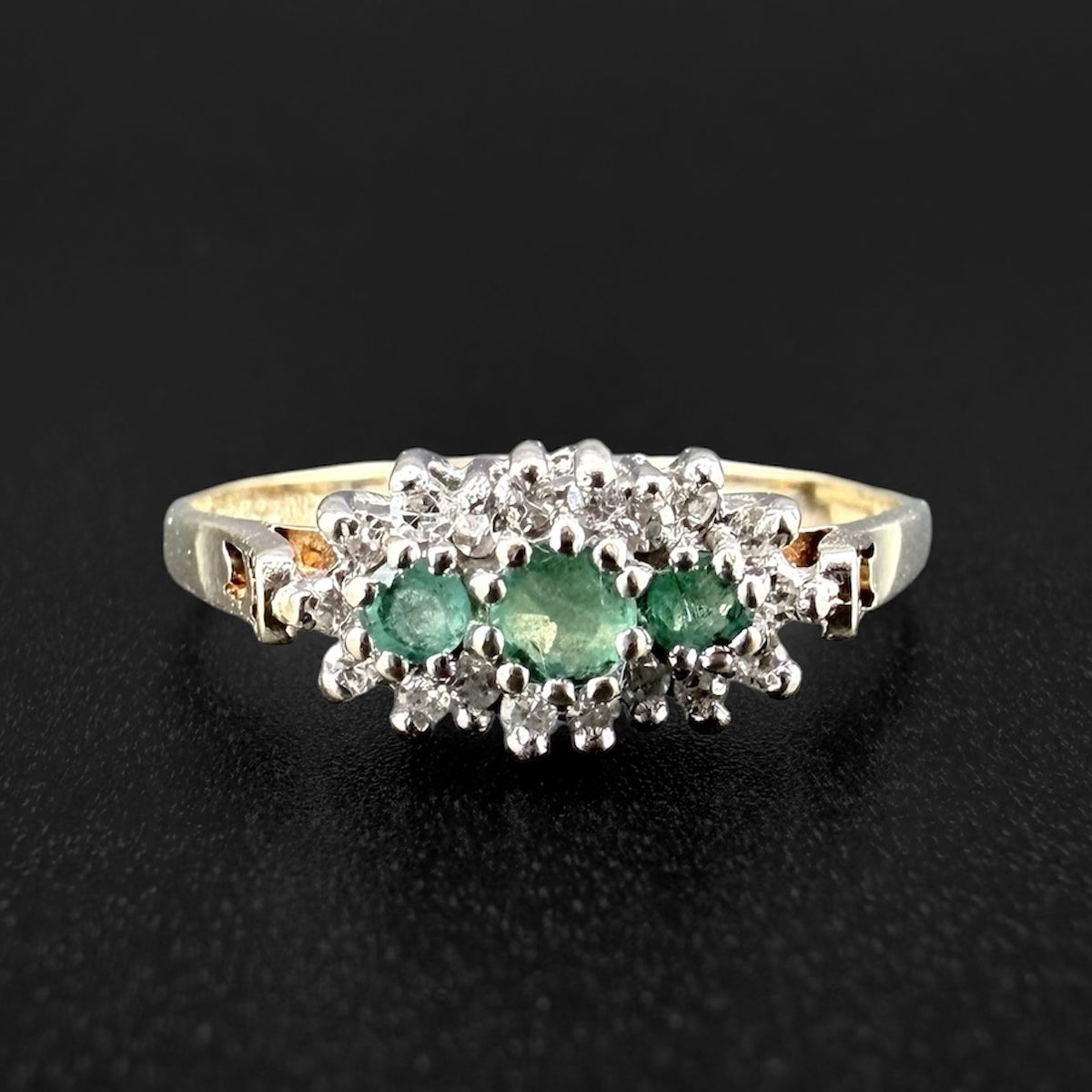 9ct Yellow Gold Emerald & Diamond Cluster Ring – c.1987 - Size P