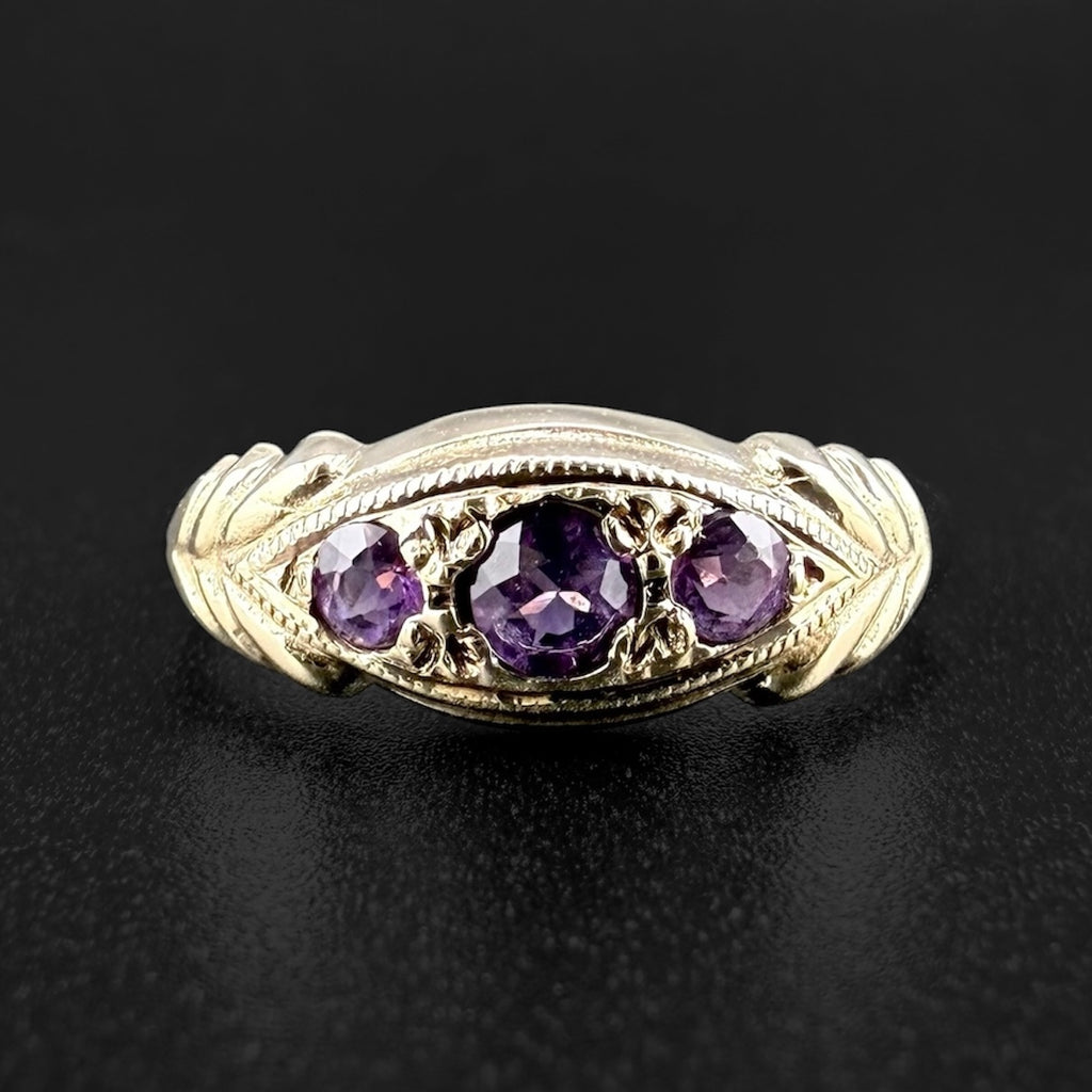 9ct Yellow Gold Amethyst Three-Stone Ring - Size N