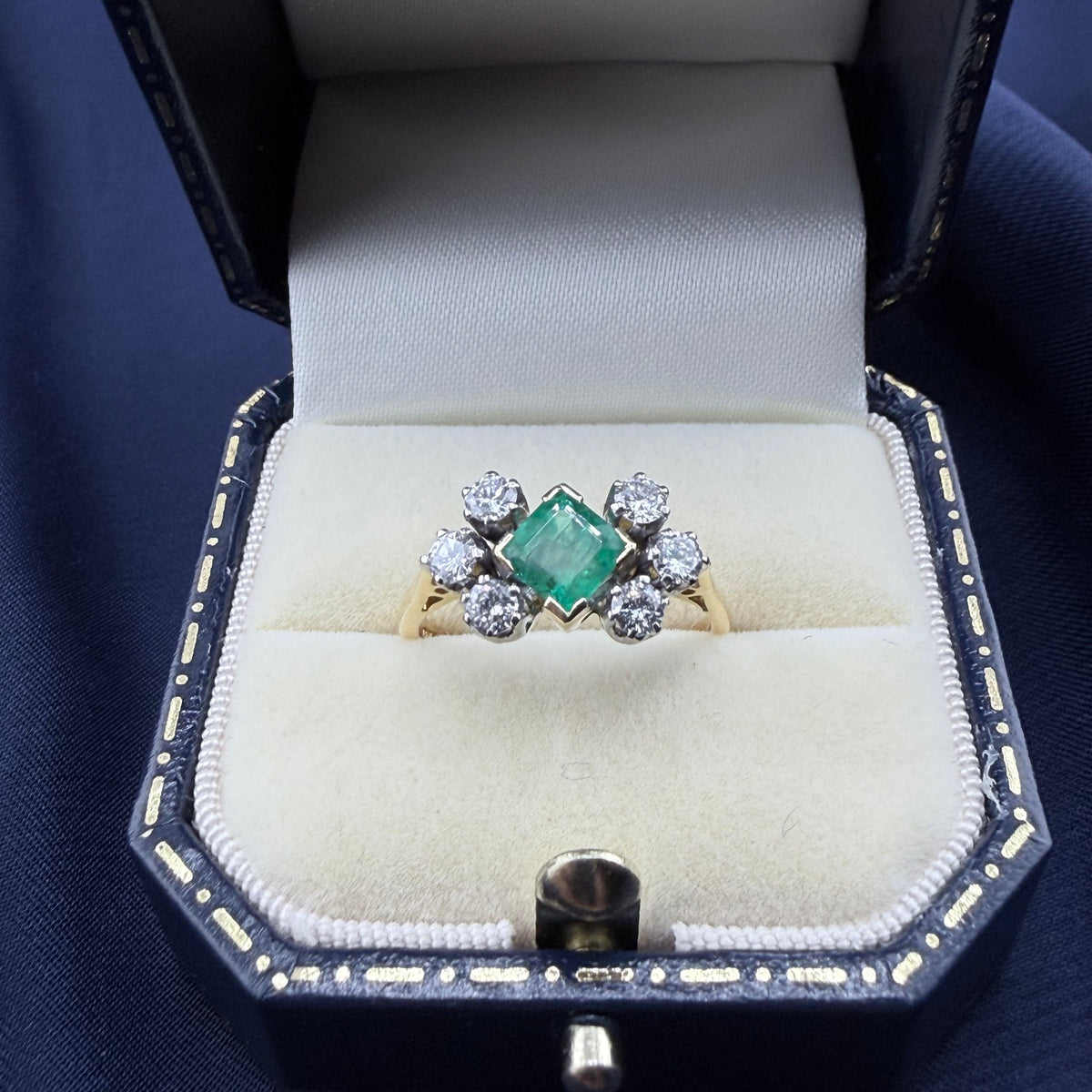 Vintage 18ct Gold Emerald & Diamond Cluster Ring, London 1967