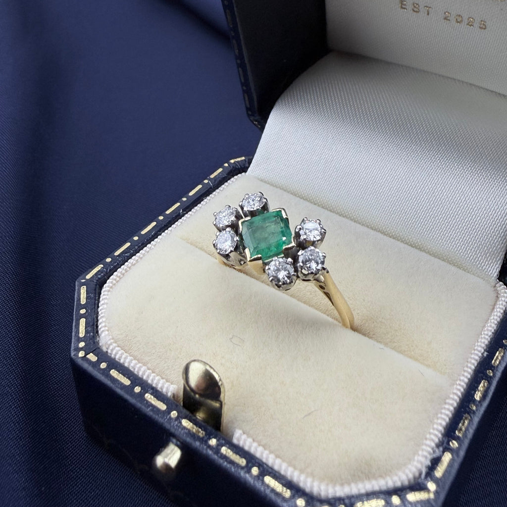Vintage 18ct Gold Emerald & Diamond Cluster Ring, London 1967