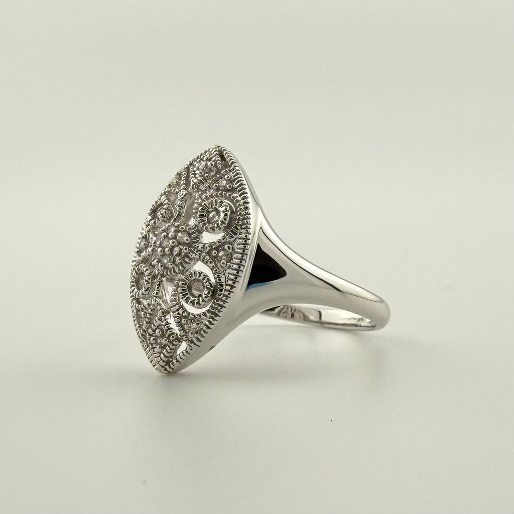 9ct White Gold Diamond Filigree Navette Ring - Size P 1/2