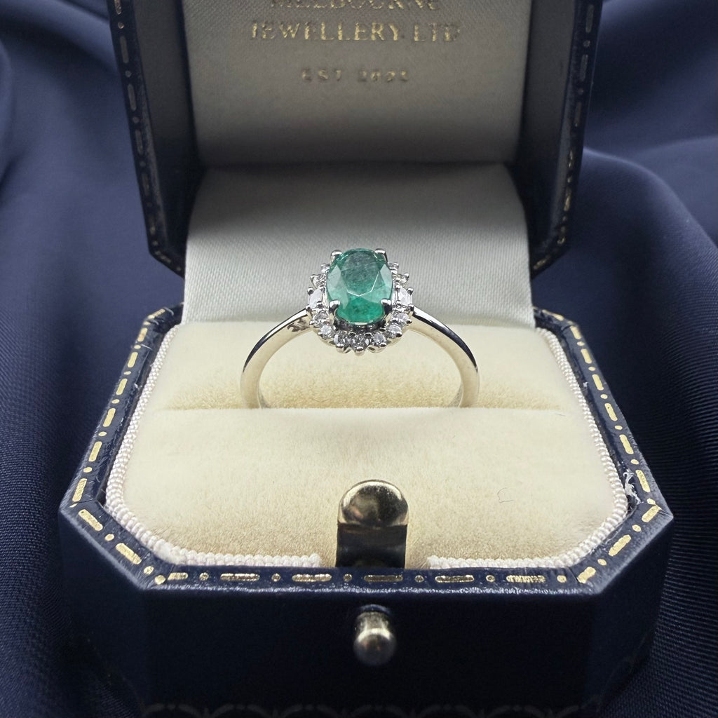 Platinum Zambian Emerald & Diamond Halo Ring, Rhapsody