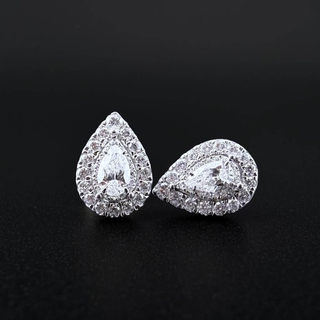 14ct White Gold Diamond Pear Halo Stud Earrings – 1.0ct Total