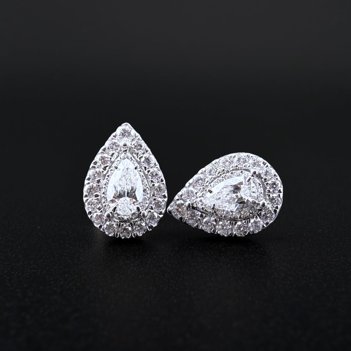 14ct White Gold Diamond Pear Halo Stud Earrings – 1.0ct Total