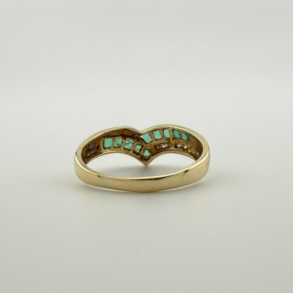 9ct Yellow Gold Emerald & Diamond Wishbone Ring - Size N