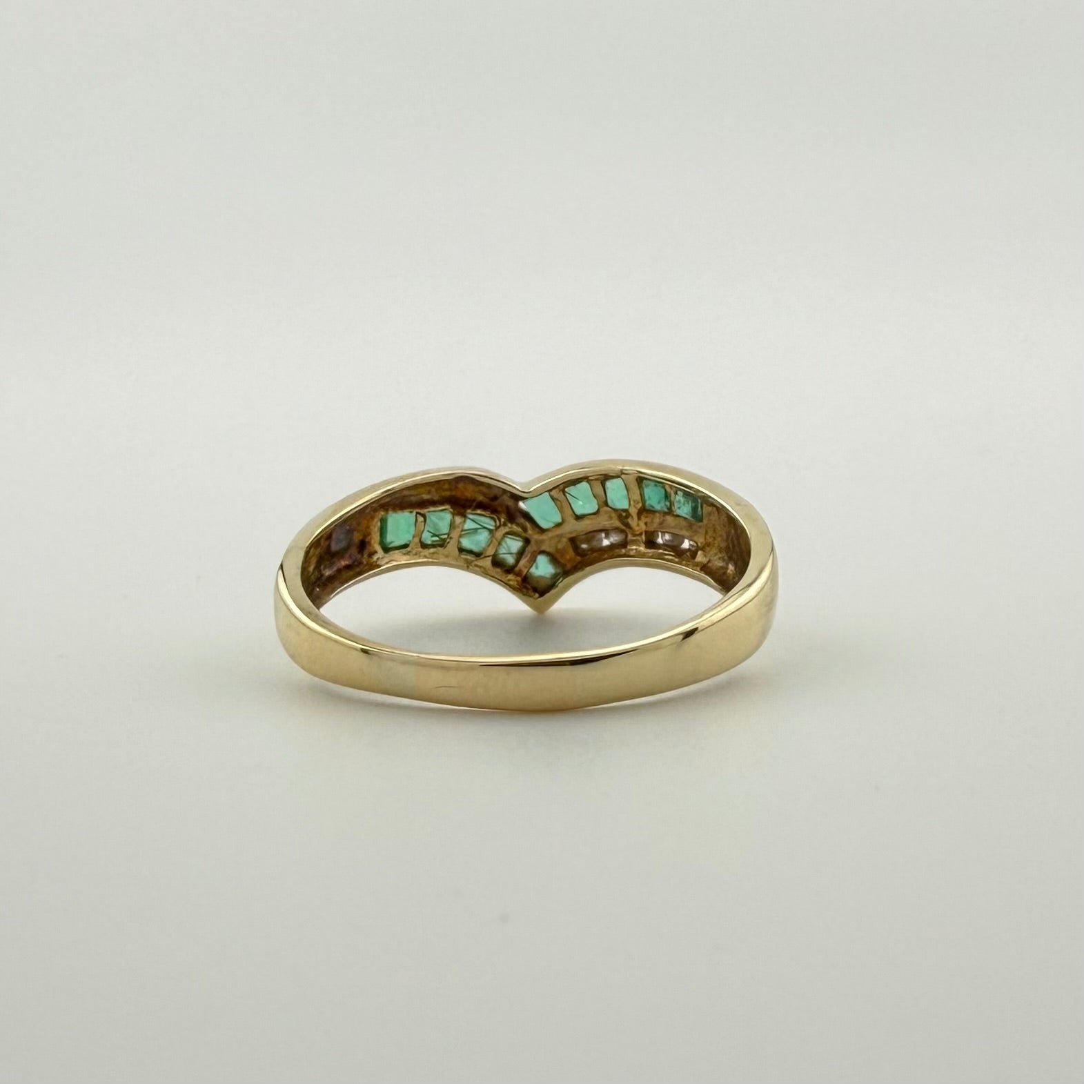 9ct Yellow Gold Emerald & Diamond Wishbone Ring - Size N