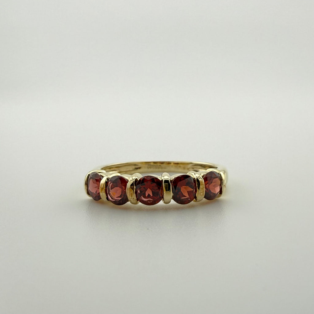 9ct Yellow Gold Five-Stone Red Gemstone Ring - Size P 1/2