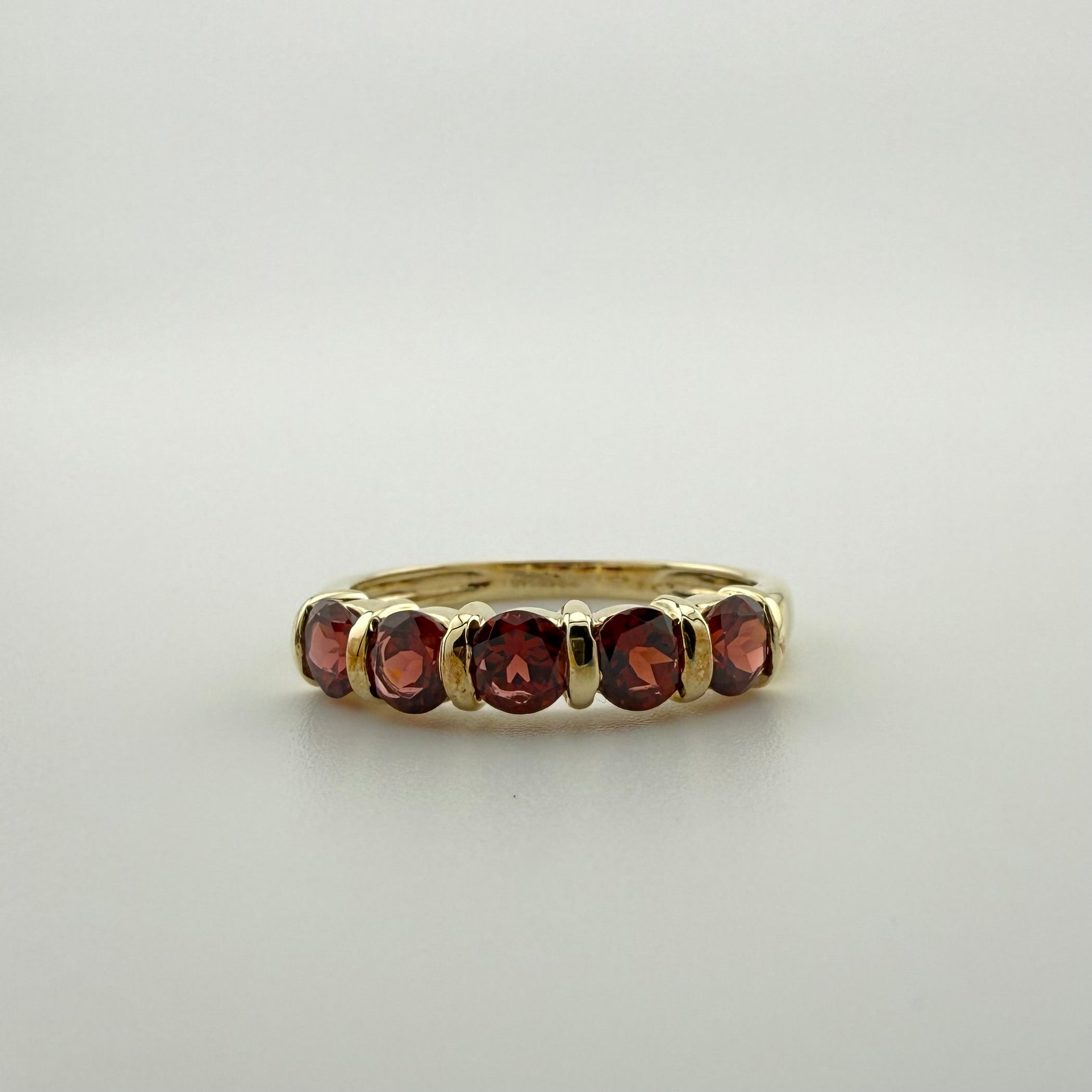 9ct Yellow Gold Five-Stone Red Gemstone Ring - Size P 1/2