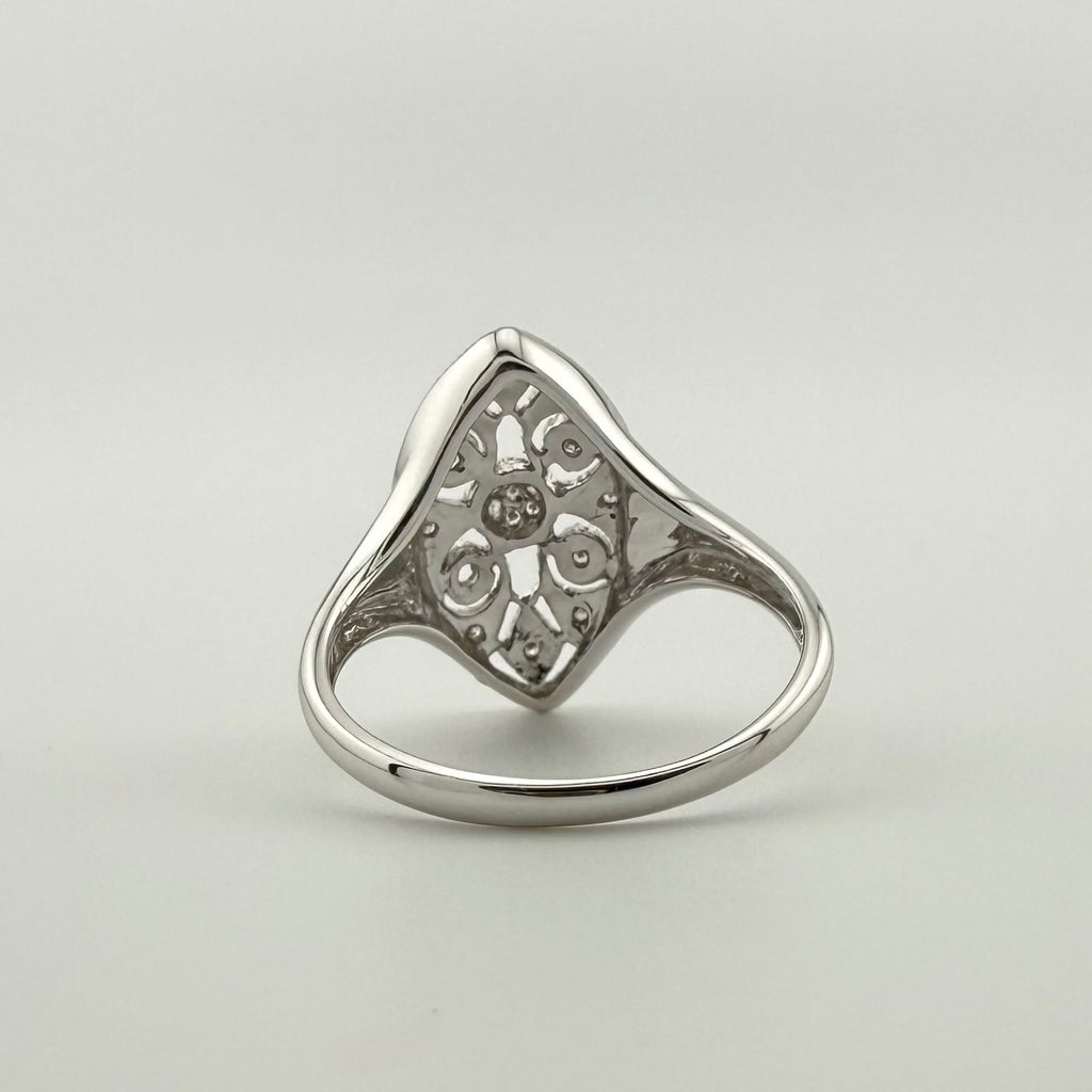 9ct White Gold Diamond Filigree Navette Ring - Size P 1/2