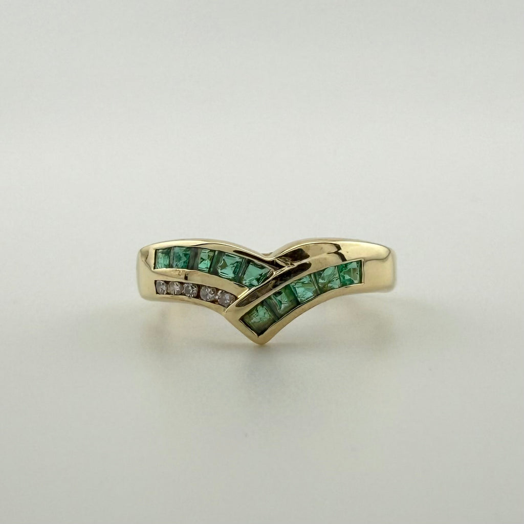 9ct Yellow Gold Emerald & Diamond Wishbone Ring - Size N