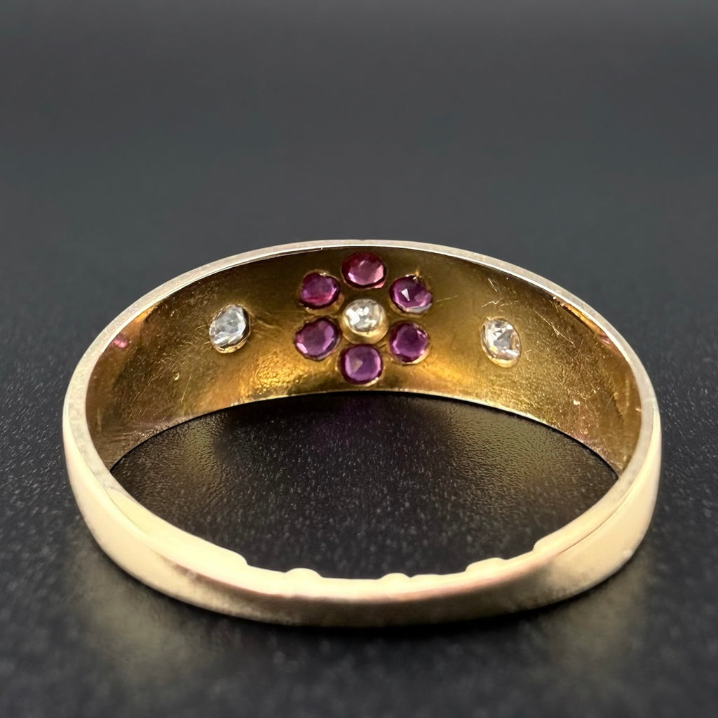 Antique Victorian 18ct Yellow Gold Ruby & Diamond Gypsy Ring – c.1895
