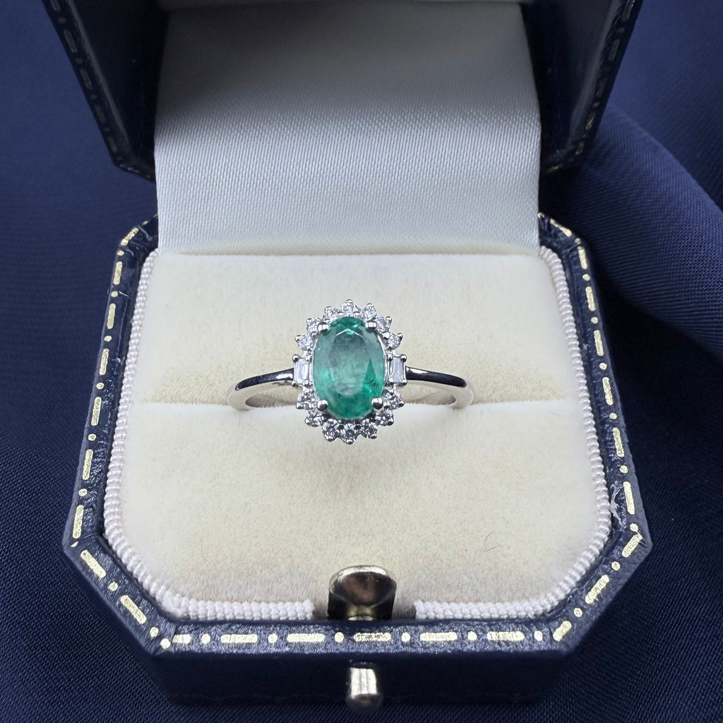 Platinum Zambian Emerald & Diamond Halo Ring, Rhapsody