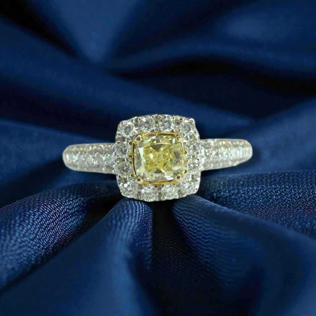 14k White Gold Natural Fancy Yellow Diamond Ring - Size M 1/2