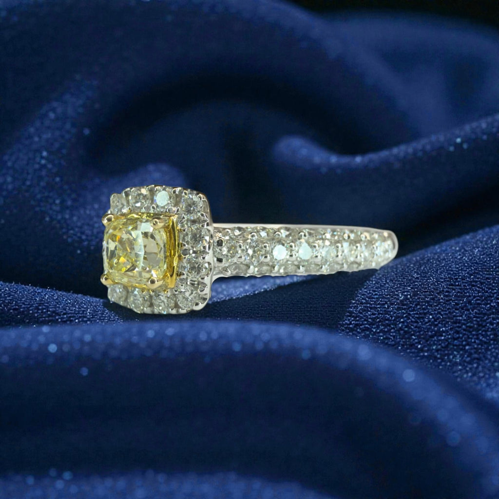 14k White Gold Natural Fancy Yellow Diamond Ring - Size M 1/2