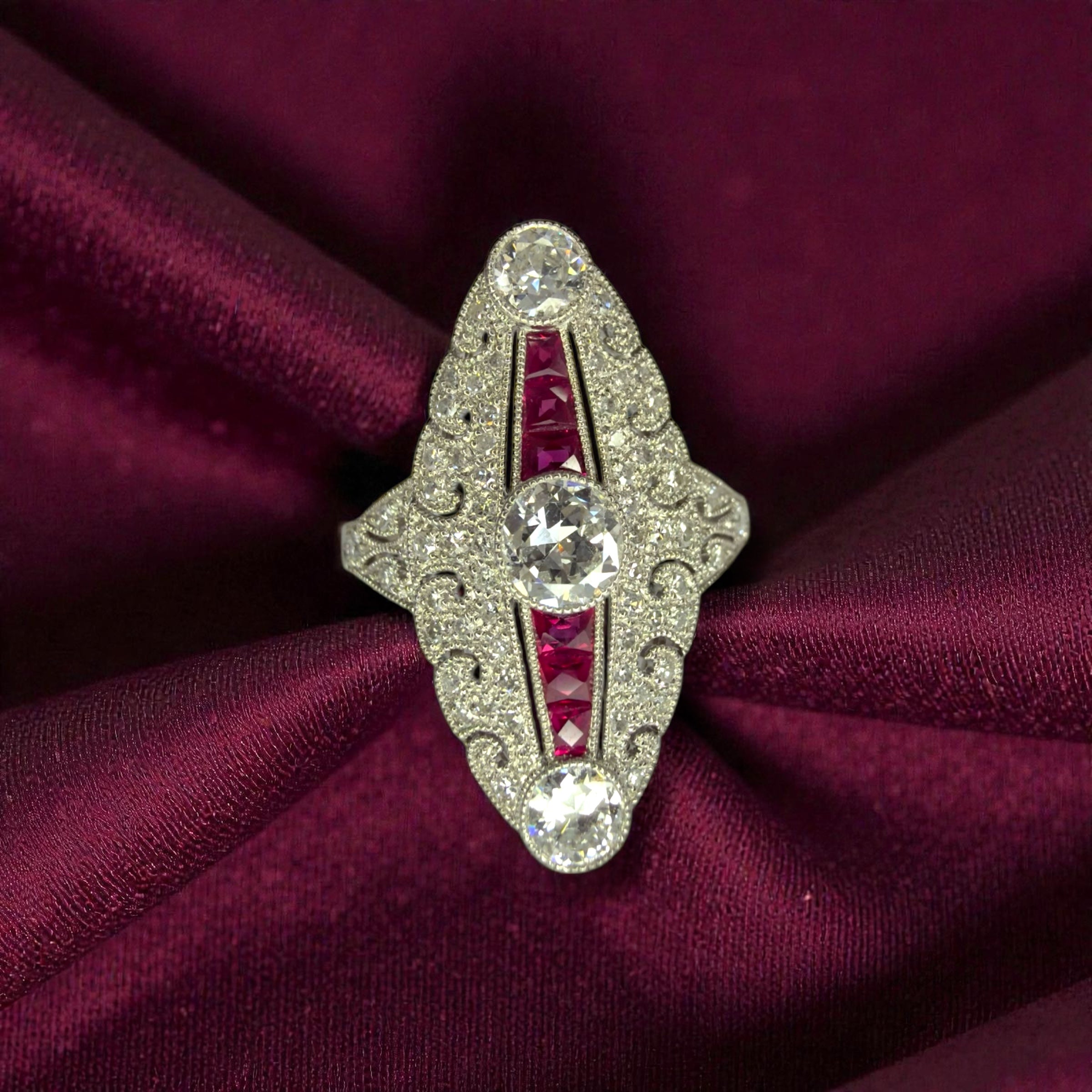 Platinum Art Deco Style Ruby and Diamond Ring - Size M 1/2