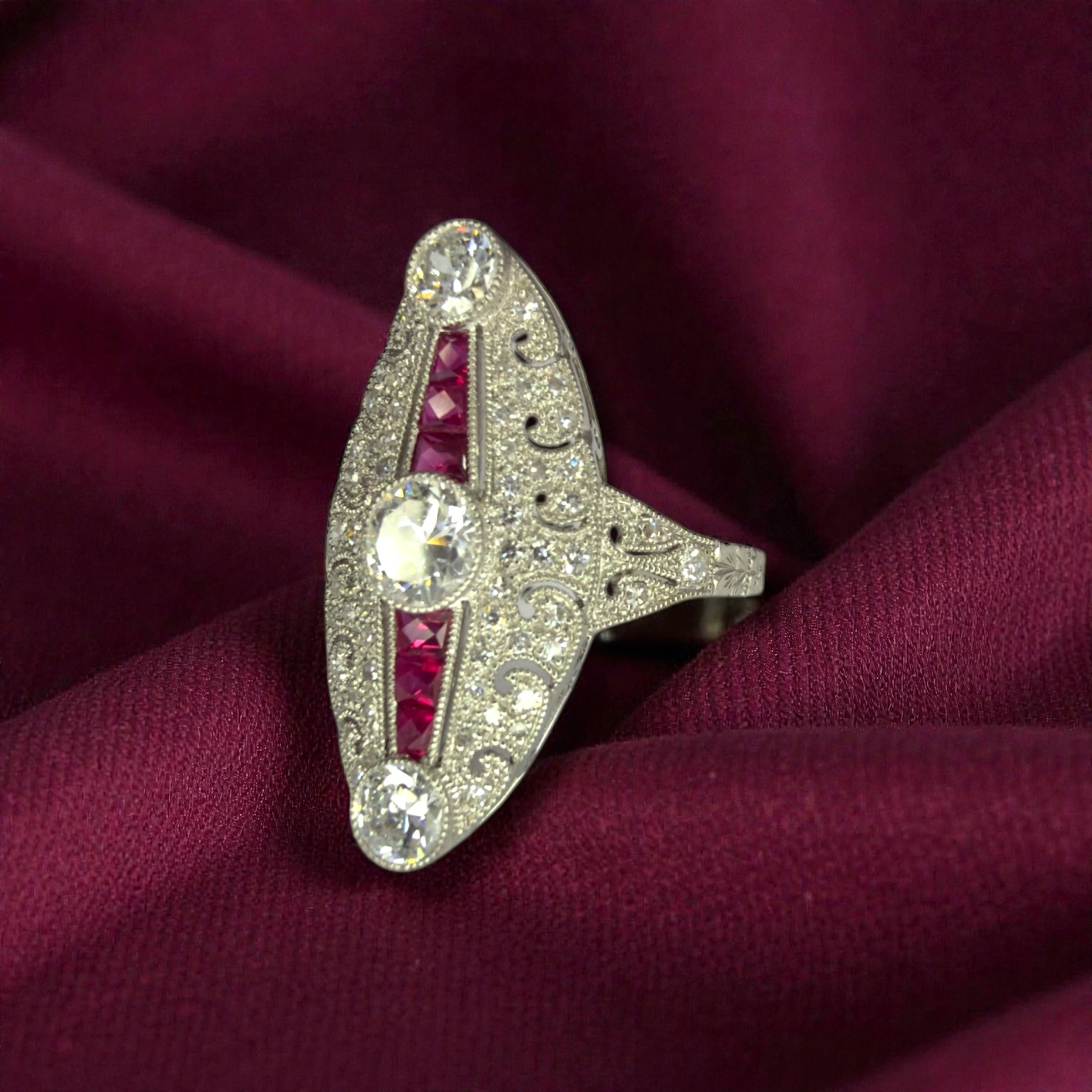 Platinum Art Deco Style Ruby and Diamond Ring - Size M 1/2
