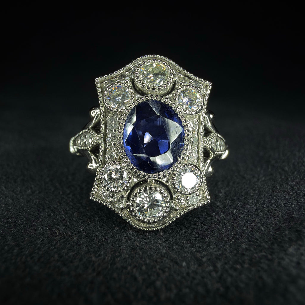 Platinum art deco style sapphire and diamond ring - Size L