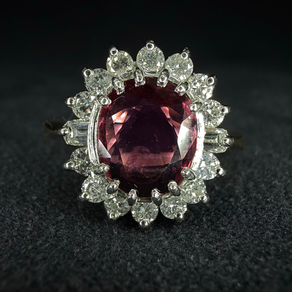 18ct Yellow Gold 2ct Rubellite Tourmaline and Diamond Ring - Size K