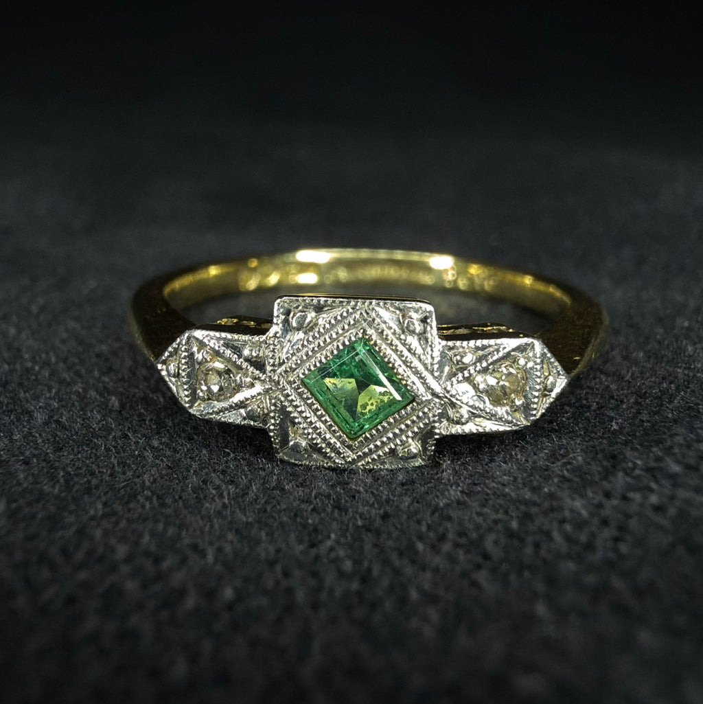 18ct Emerald and Diamond Boat Ring - Size L