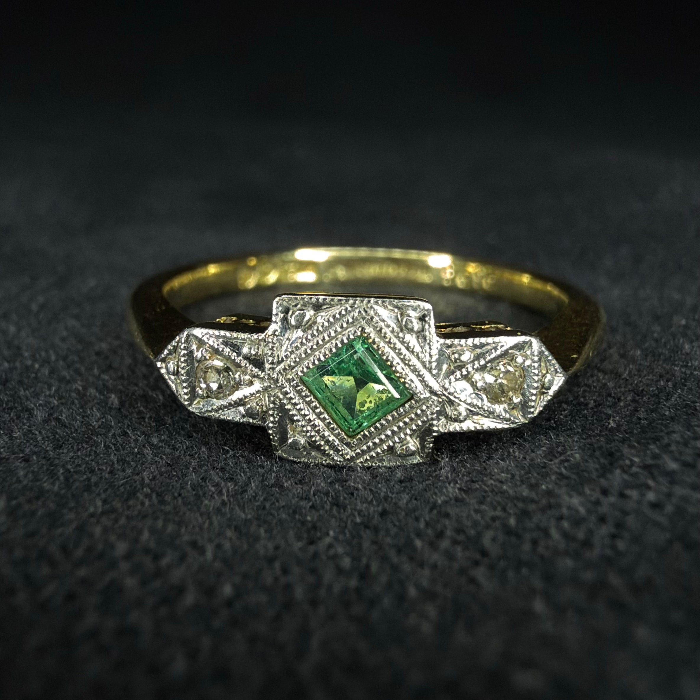 18ct Emerald and Diamond Boat Ring - Size L
