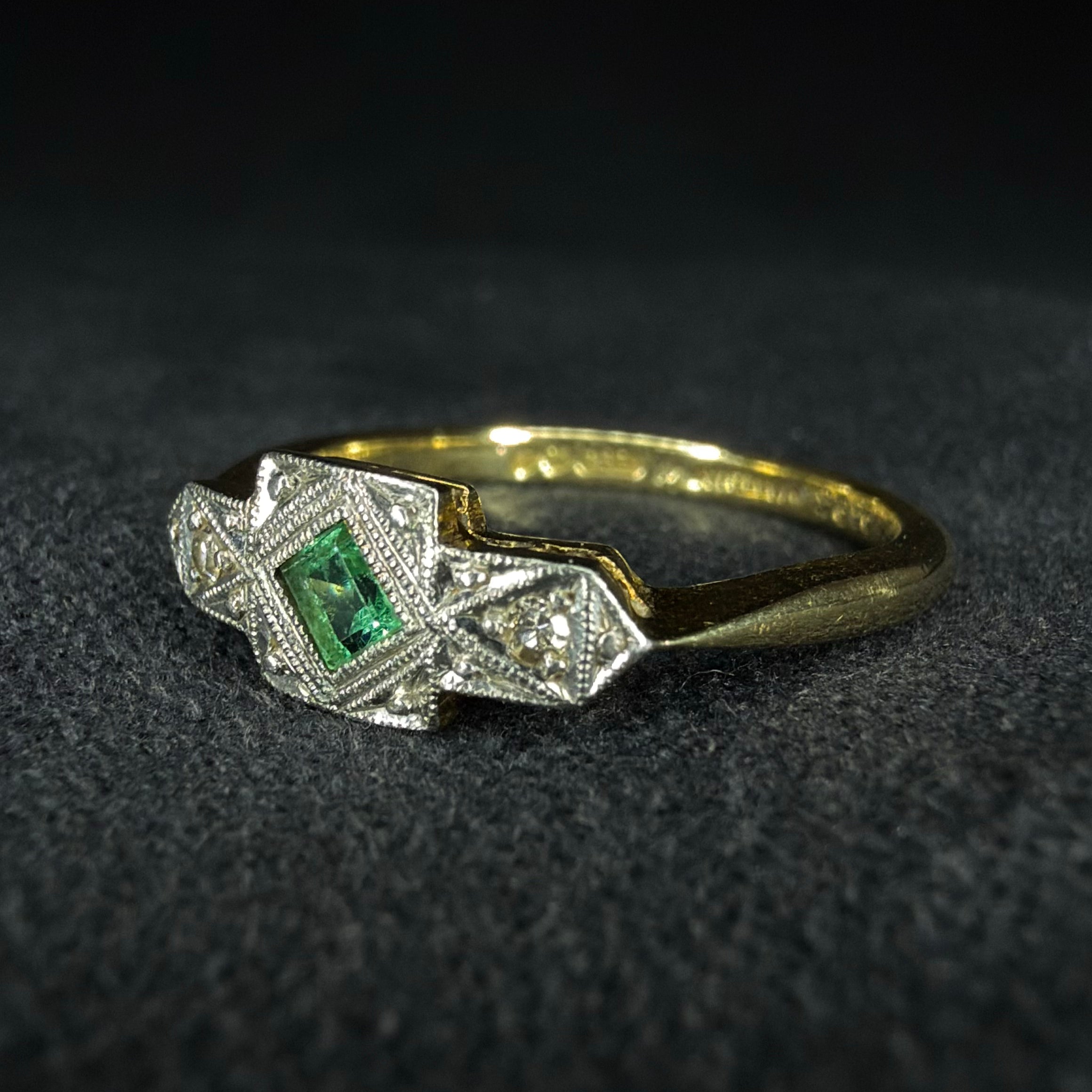 18ct Emerald and Diamond Boat Ring - Size L