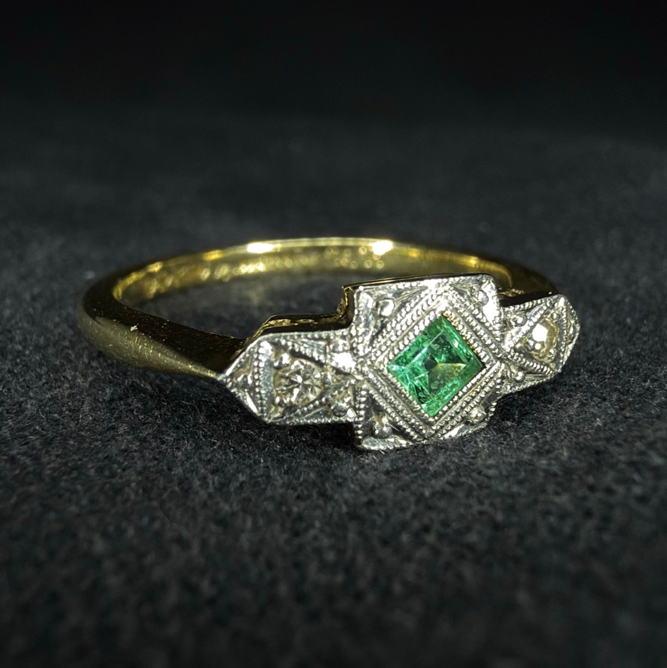 18ct Emerald and Diamond Boat Ring - Size L