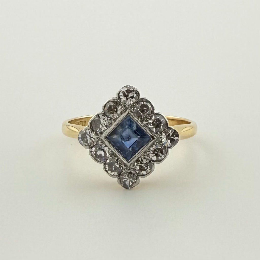 18ct Original Art Deco Natural Sapphire & Diamond Ring | Size L