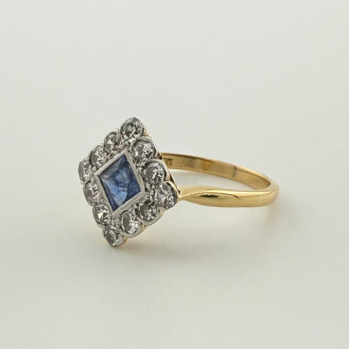 18ct Original Art Deco Natural Sapphire & Diamond Ring | Size L