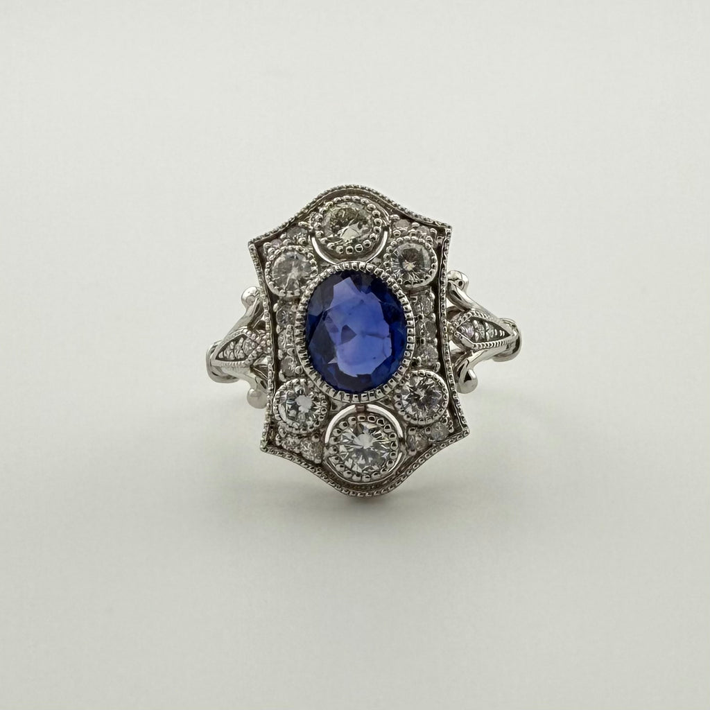 Platinum art deco style sapphire and diamond ring - Size L