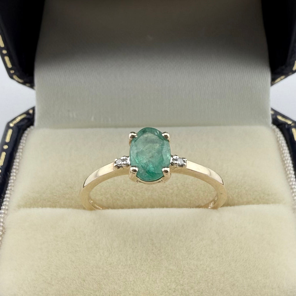 9ct Yellow Gold Emerald & Diamond Three-Stone Ring