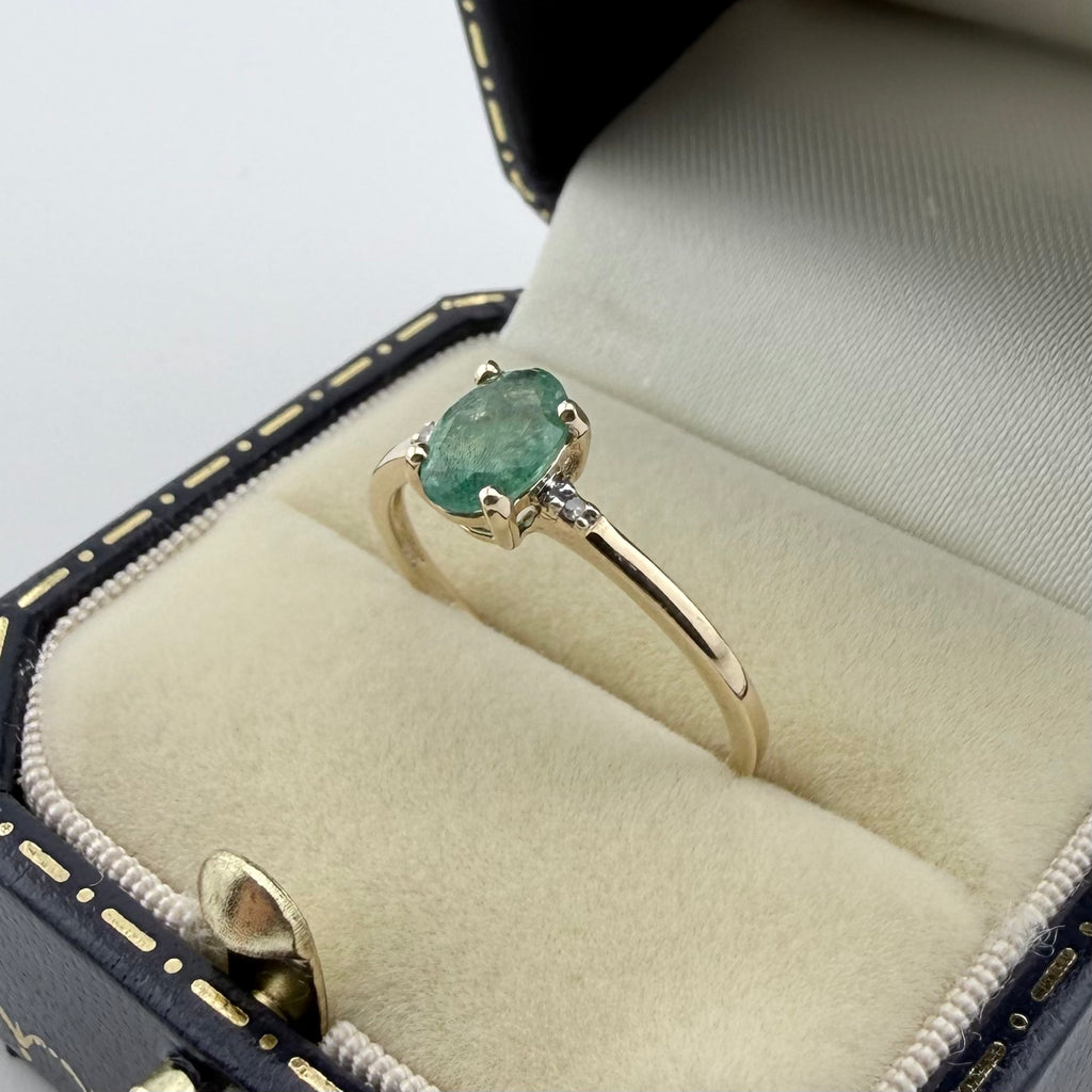 9ct Yellow Gold Emerald & Diamond Three-Stone Ring