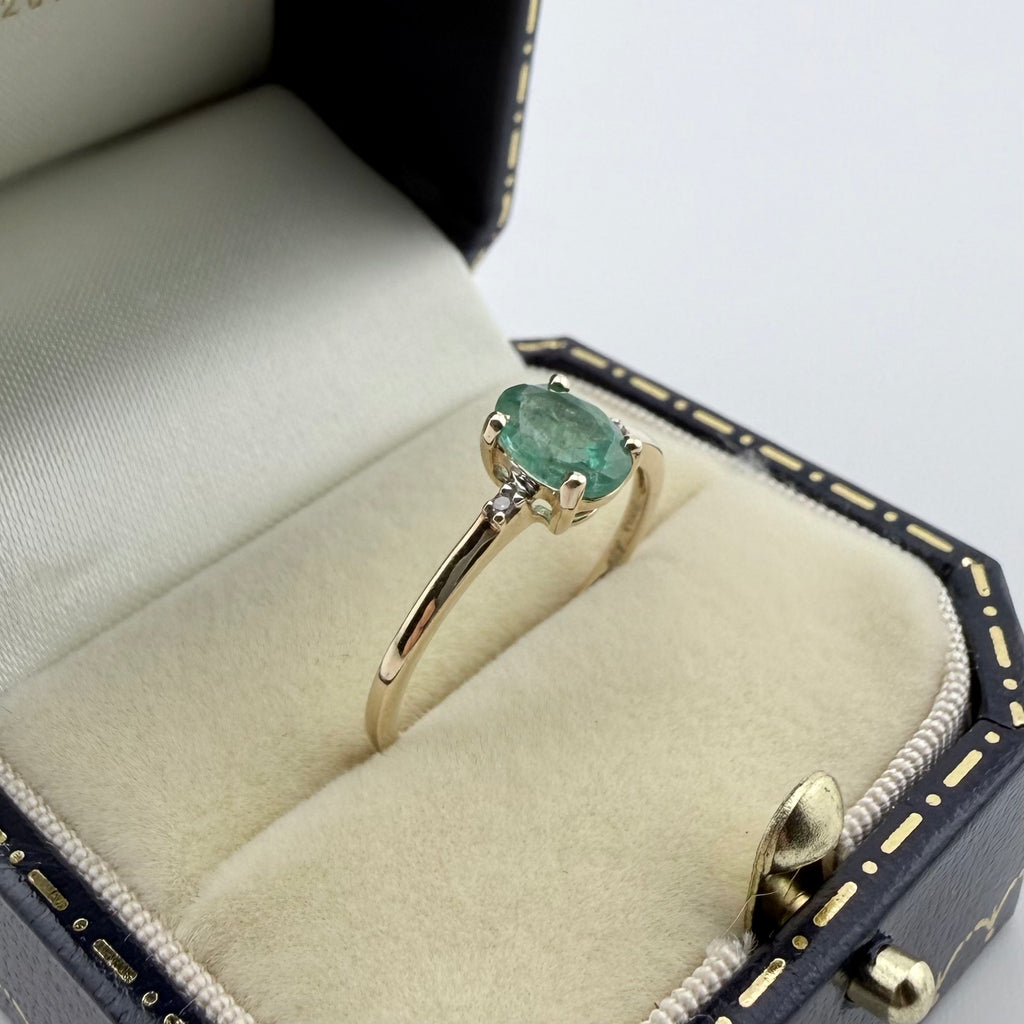 9ct Yellow Gold Emerald & Diamond Three-Stone Ring