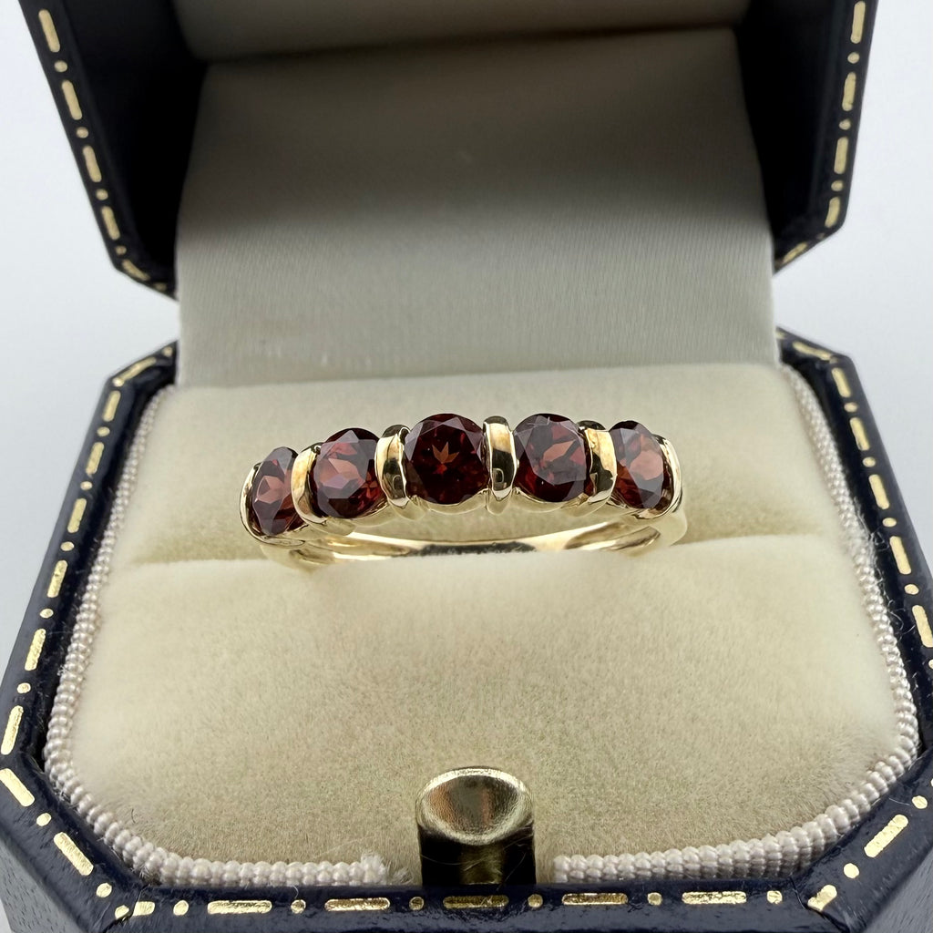9ct Yellow Gold Five-Stone Red Gemstone Ring - Size P 1/2