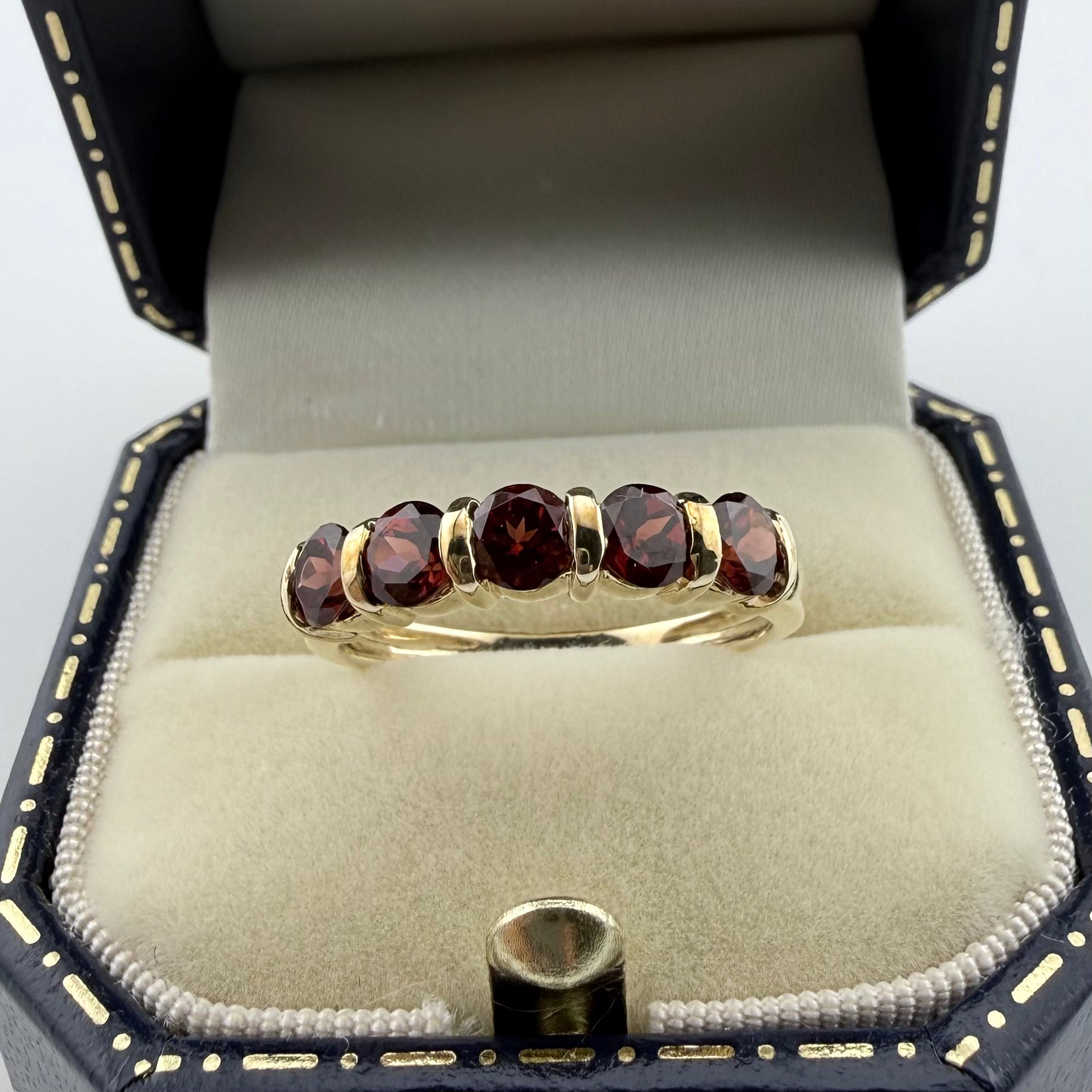 9ct Yellow Gold Five-Stone Red Gemstone Ring - Size P 1/2