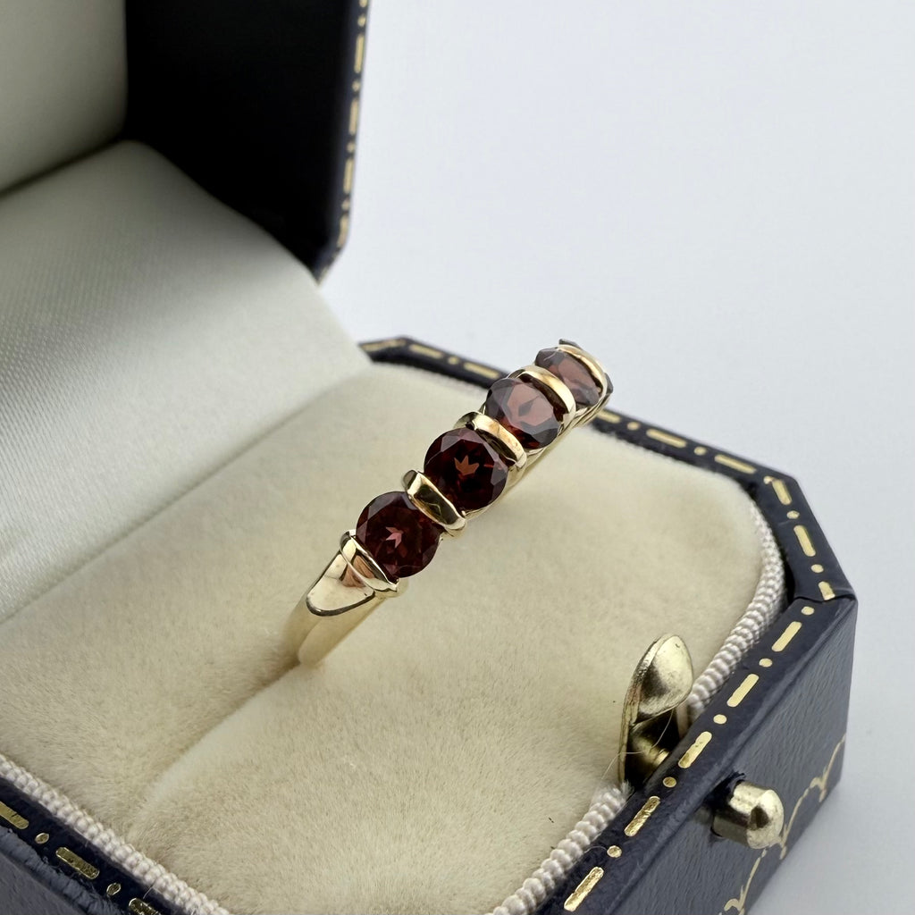 9ct Yellow Gold Five-Stone Red Gemstone Ring - Size P 1/2