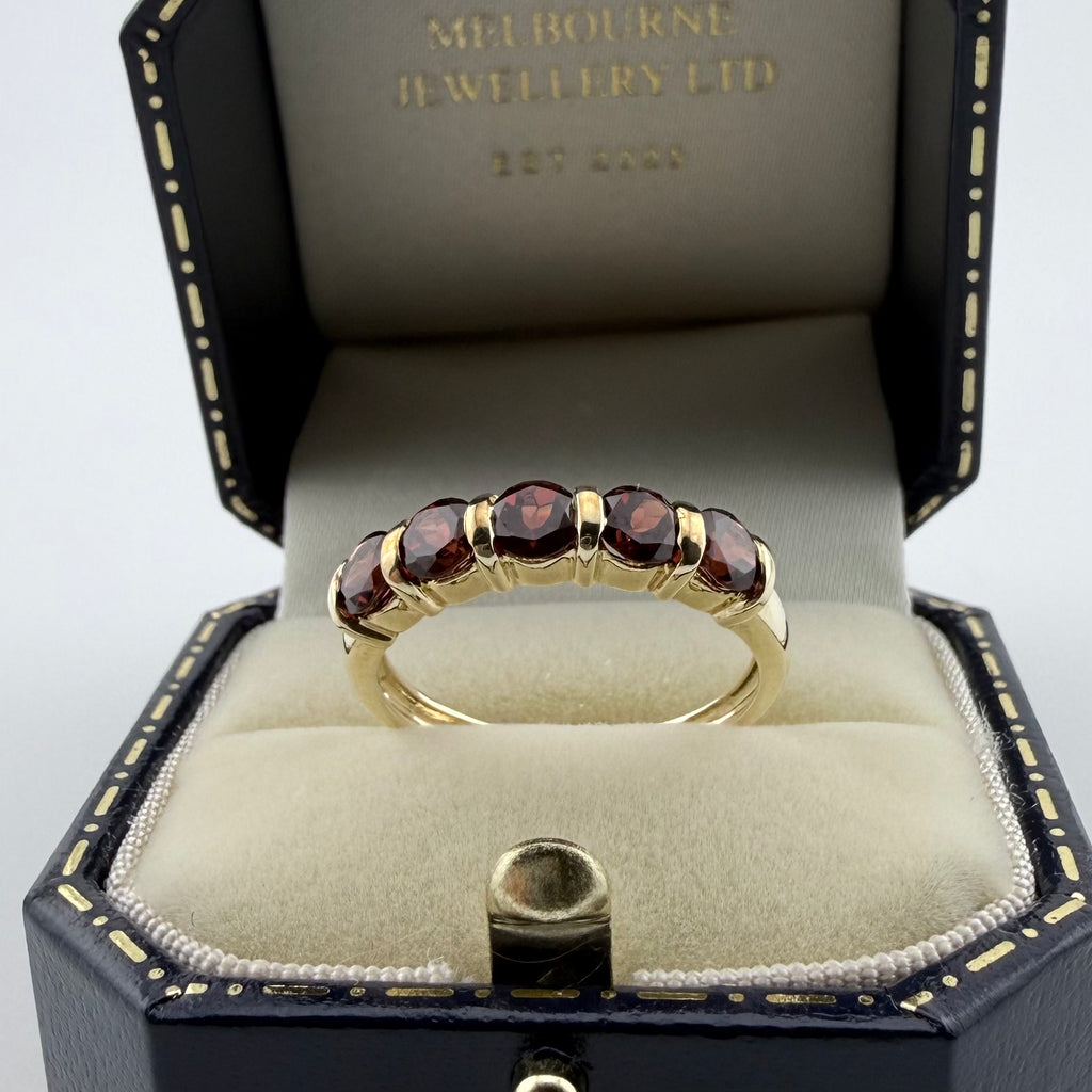 9ct Yellow Gold Five-Stone Red Gemstone Ring - Size P 1/2