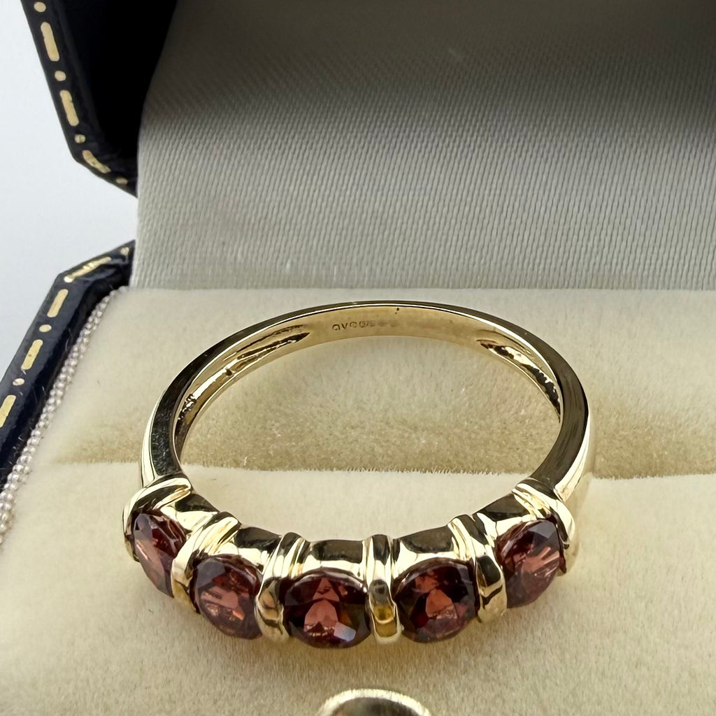 9ct Yellow Gold Five-Stone Red Gemstone Ring - Size P 1/2